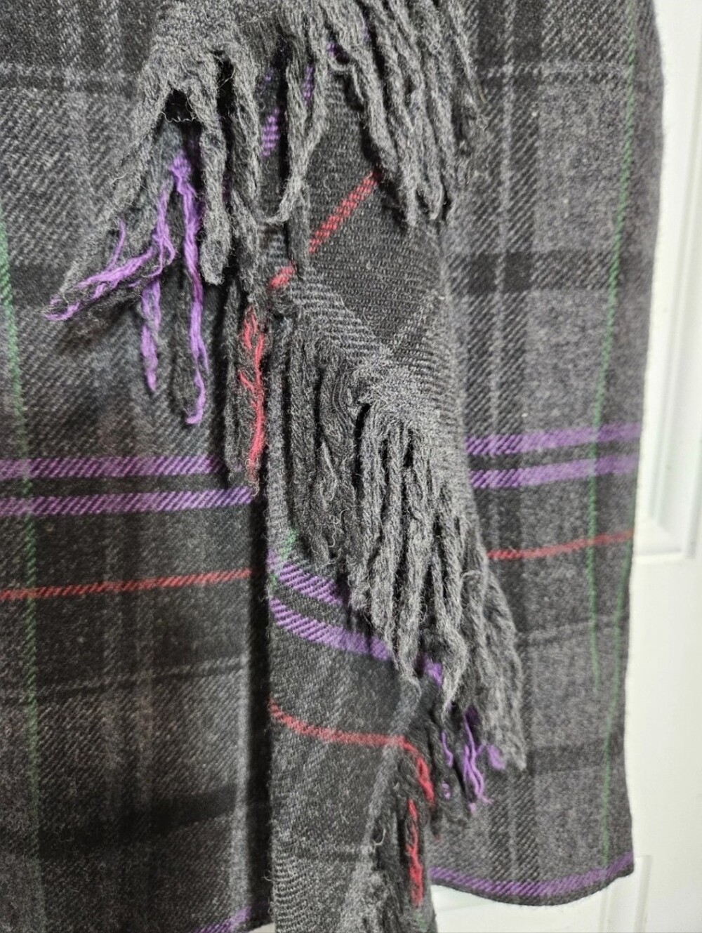 Y2K Ralph Lauren Plaid Wool Blanket Mini Fringed Skirt Size 8 Purple Gray Black - Picture 2 of 6